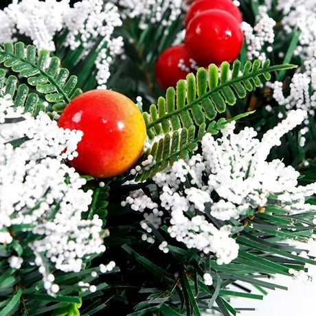 Coronita pentru Craciun Vivimall, diametru 40 cm, din brad artificial, decorata cu conuri si merisoare, inzapezit, Verde/Alb - vivimall.ro