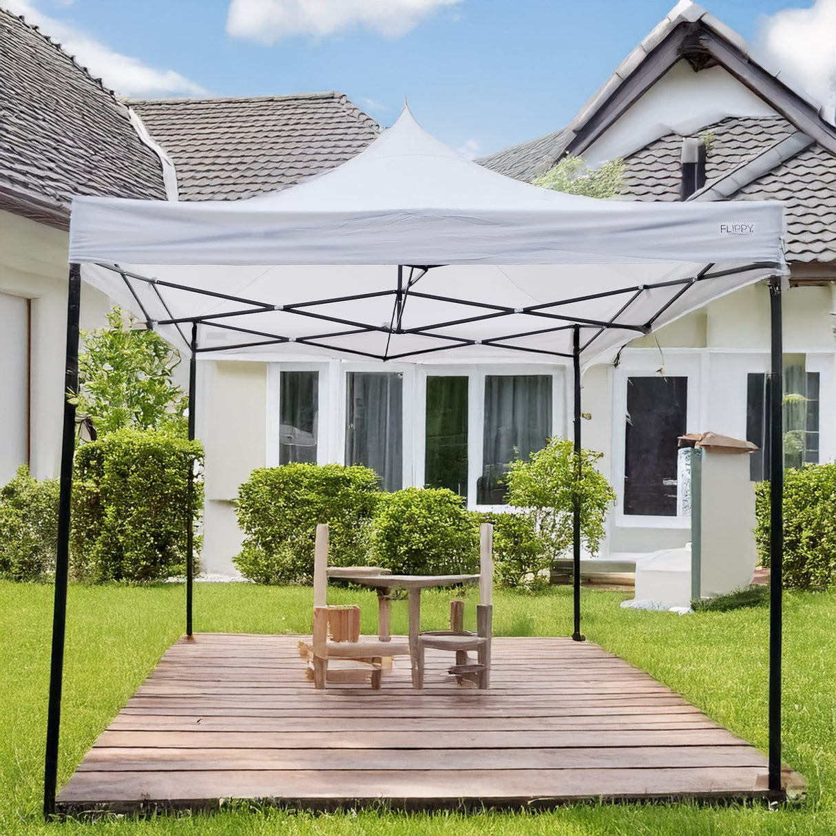 Cort pavilion Flippy 3x3m montat în grădină, acoperiș alb Polyester Oxford 420D, utilizare eveniment exterior