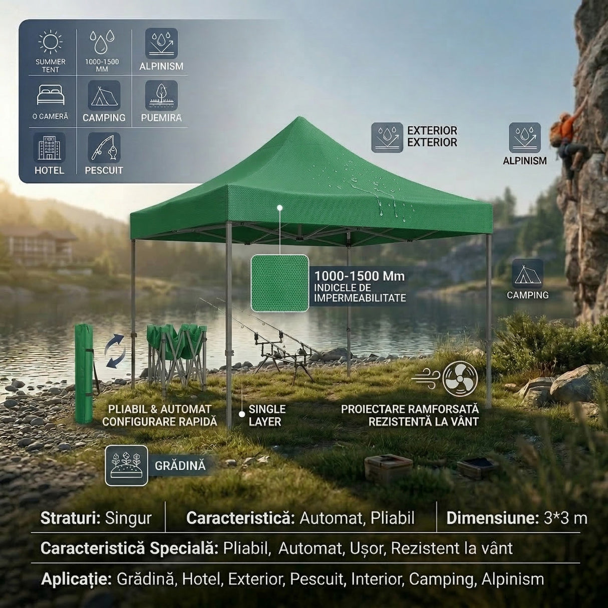 Cort Pavilion 3x3m, Flippy, Cadru Metal Pliabil Ranforsat, Acoperis 420D 280gram/mg PVC Polyester Oxford pentru Curte, Gradina, Evenimente, Verde - vivimall.ro