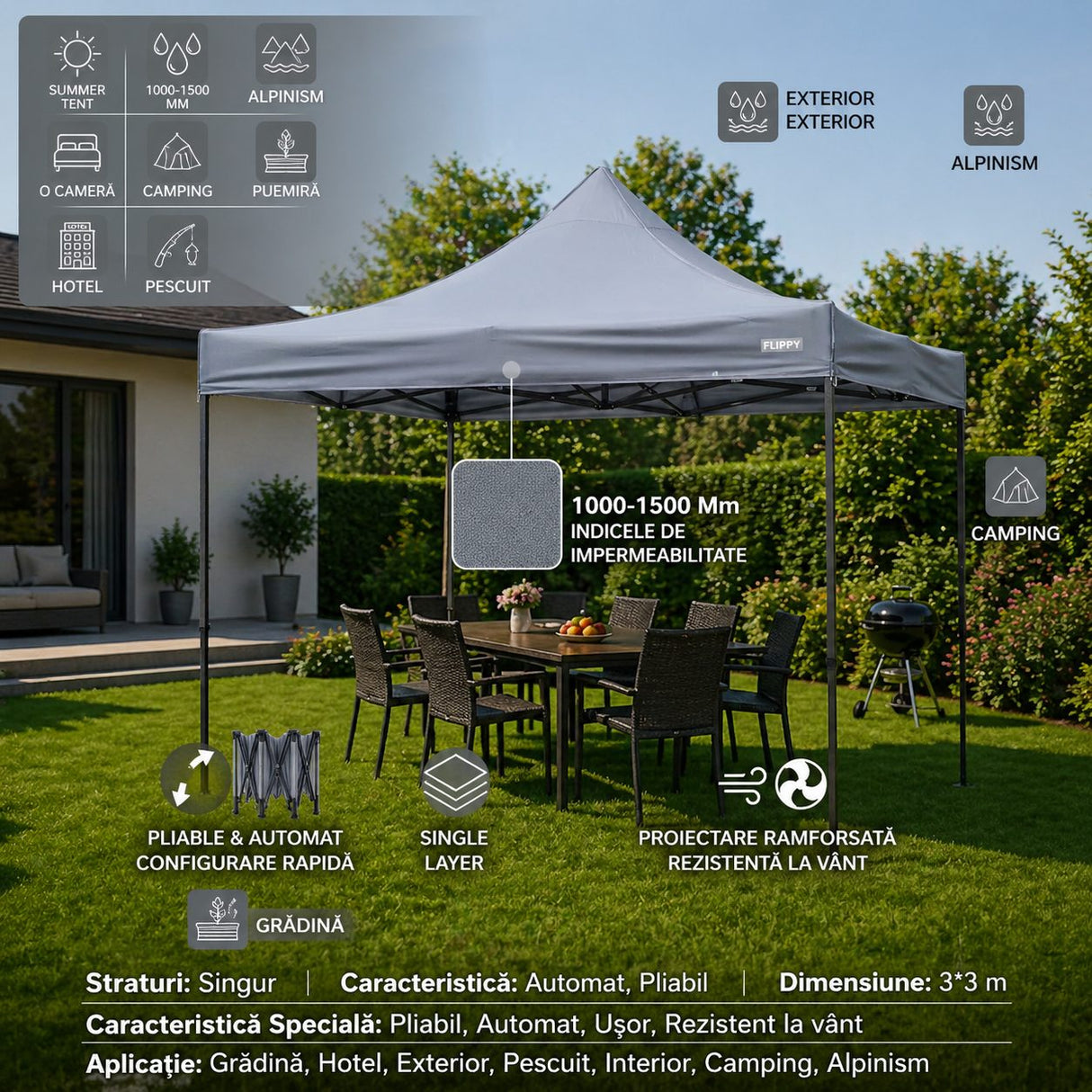 Detaliu cadru metal ranforsat pavilion pliabil Flippy 3x3m, îmbinări structurale întărite
