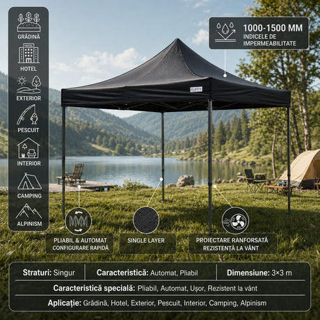 Detaliu acoperiș poliester Oxford 420D, densitate 185 g/m², cort pavilion Flippy negru