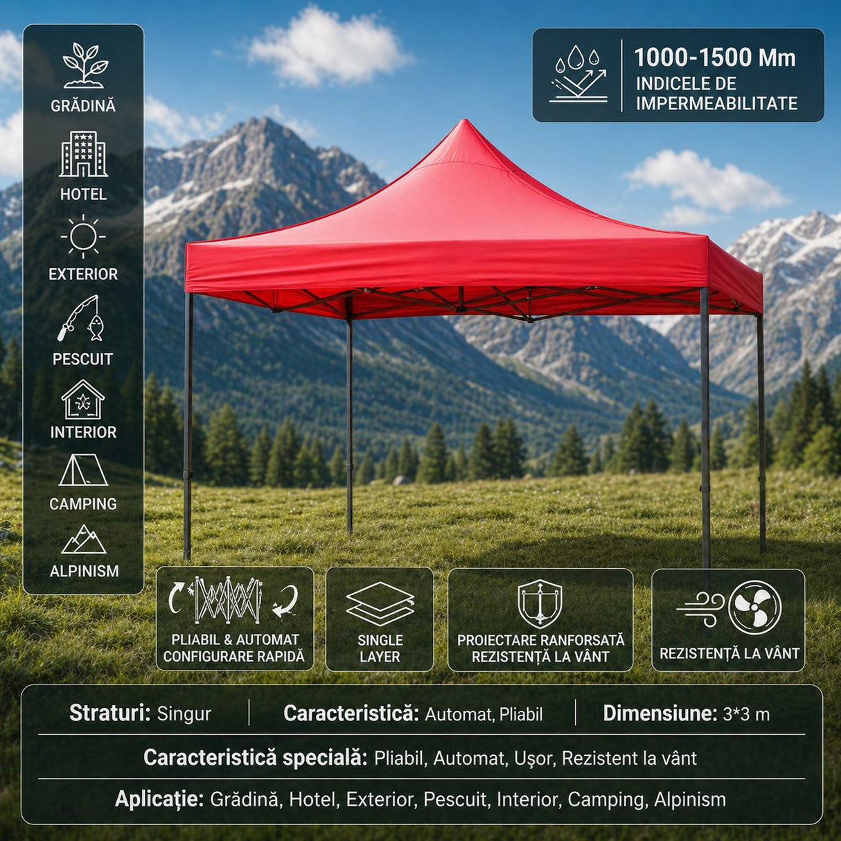 Detaliu acoperiș pavilion Flippy 420D poliester Oxford 185 g/m², protecție UV și anti-ploaie
