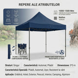 Cort Pavilion 3x3m, Flippy, Cadru Metal Pliabil Ranforsat, Acoperis 420D 280gram/mg PVC Polyester Oxford pentru Curte, Gradina, Evenimente, Albastru - vivimall.ro