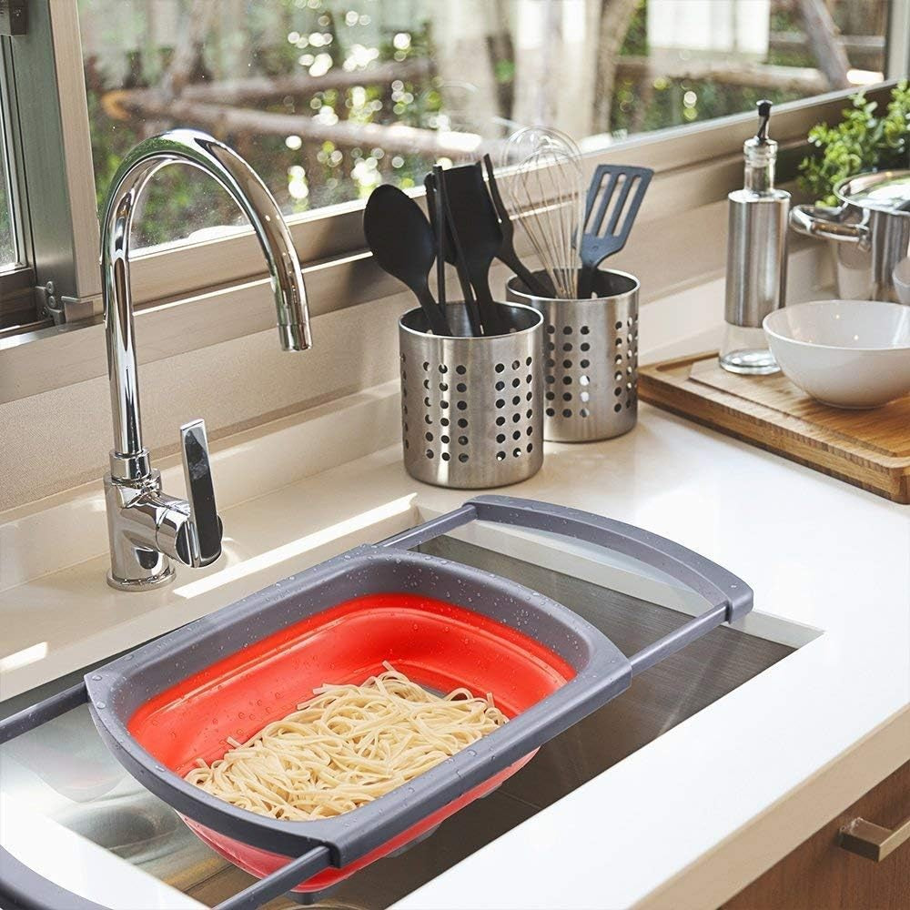 Cos De Scurgere Retractabil Pentru Chiuveta, Cu Filtru, Pentru Fructe Si Legume, De Uz Casnic, 39X12 Cm, Design Extensibil Pana La 61 Cm, Cu Manere De Prindere - vivimall.ro