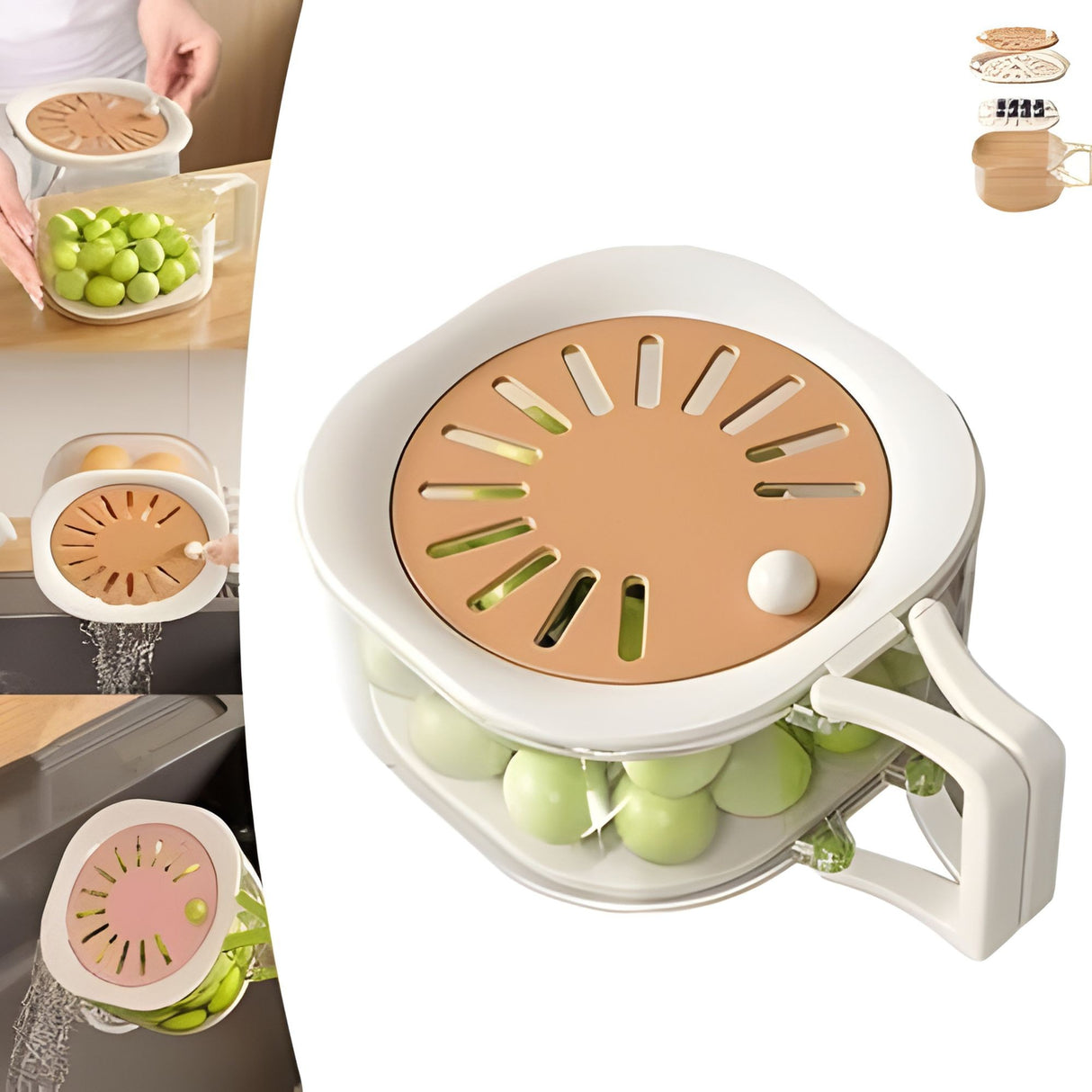 Cos de Scurgere pentru Fructe 2 in 1, Flippy, din Plastic durabil, Filtru Telescopic, Scurgator de Fructe si Legume, pentru uz Casnic, 15 x 15 x 8.5 cm, Maro/Bej