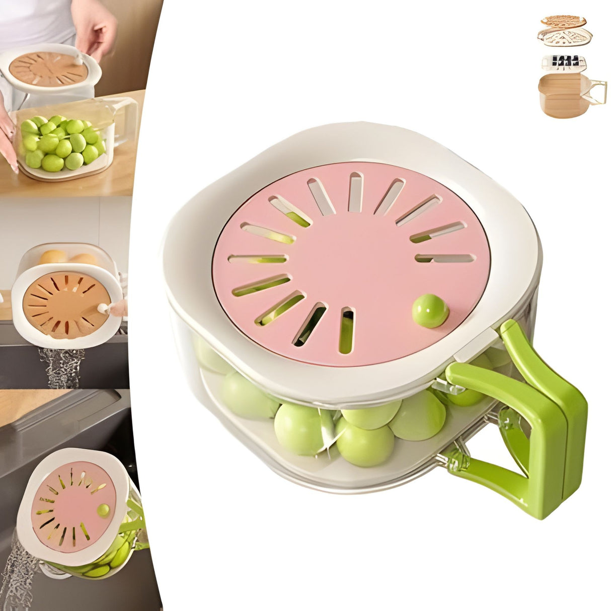 Cos de Scurgere pentru Fructe 2 in 1, Flippy, din Plastic durabil, Filtru Telescopic, Scurgator de Fructe si Legume, pentru uz Casnic, 15 x 15 x 8.5 cm, Roz/Bej