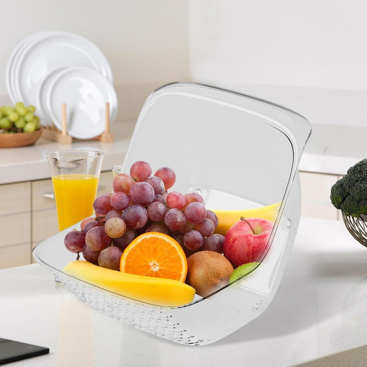 Cos de Spalat Legume/Fructe, Vivimall, cu Scurgere Apa, din PET, 15.5 x 18.6 x 16.2 cm, Transparent - vivimall.ro