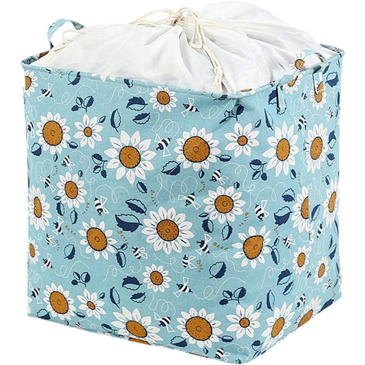 Cos depozitare, Vivimall, Capac cu Snur, 175 L, Confectionat din Bumbac si un Strat Impermeabil, 50 x 50 x 70 cm, Albastru Deschis, Imprimeu Flori - vivimall.ro