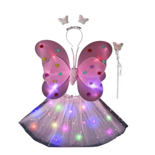 Costum Fluturas cu Aripi Modelabile Luminoase pentru Copii, Vivimall, Fusta din Tul cu Lumini, Bagheta si Bentita, 4 piese, Pentru Halloween, Roleplay, Craciun, Carnaval, Paste, Ziua Copilului, Bumbac/Poliester, Marime universala, Curcubeu - vivimall.ro