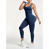 Costum Sport de Dama, Vivimall, One Piece, pentru Yoga, Elastic, Fara Cusaturi, Albastru Marin, Marime M - vivimall.ro