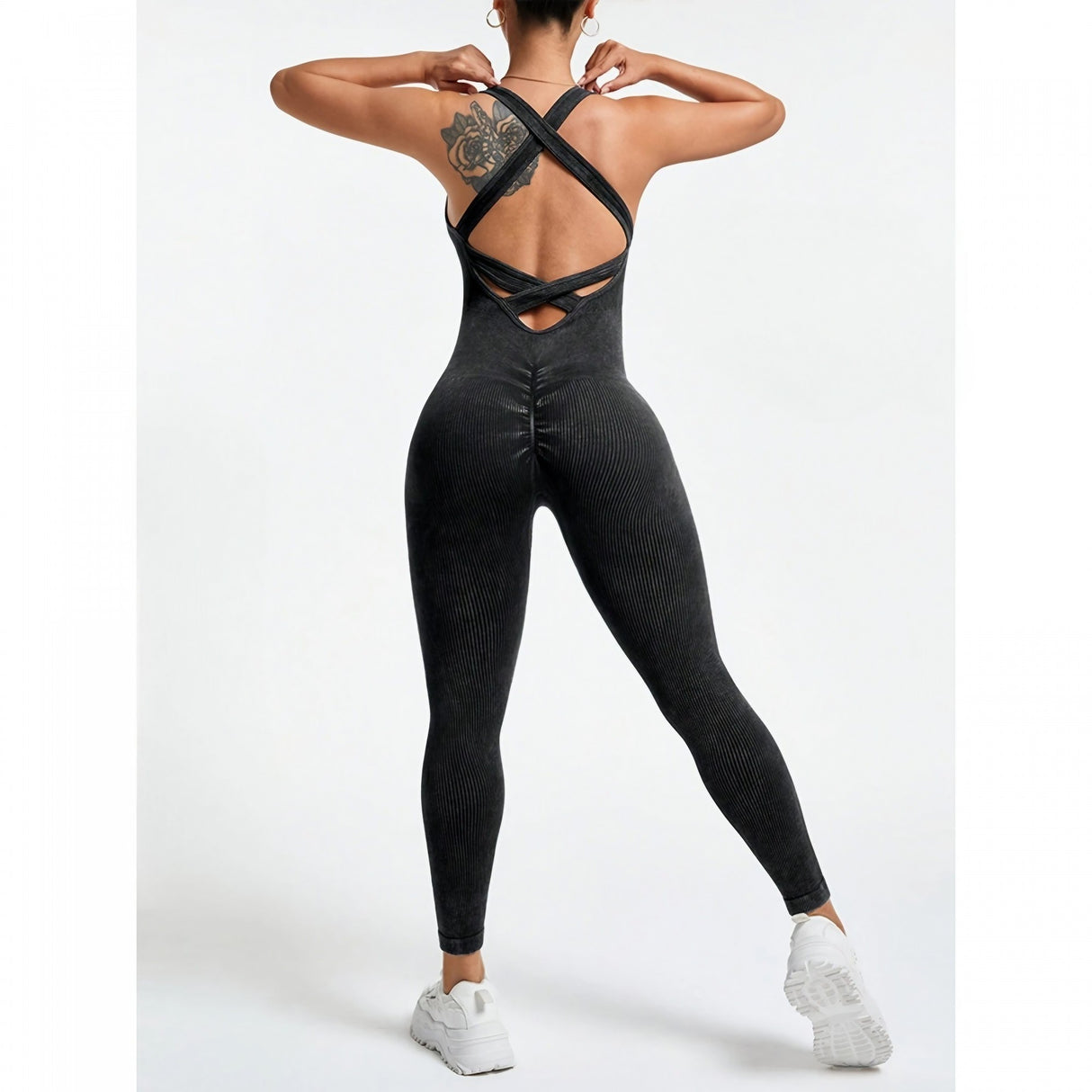 Costum Sport de Dama, Vivimall, One Piece, pentru Yoga, Elastic, Fara Cusaturi, Negru, Marime M - vivimall.ro