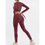 Costum Sport de Dama, Vivimall, pentru Yoga, Talie Inalta, Top Scurt, Elastic, Burgundy, Marime L - vivimall.ro