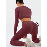 Costum yoga damă Vivimall, top scurt cu mânecă lungă și colanți talie înaltă burgundy, vedere spate