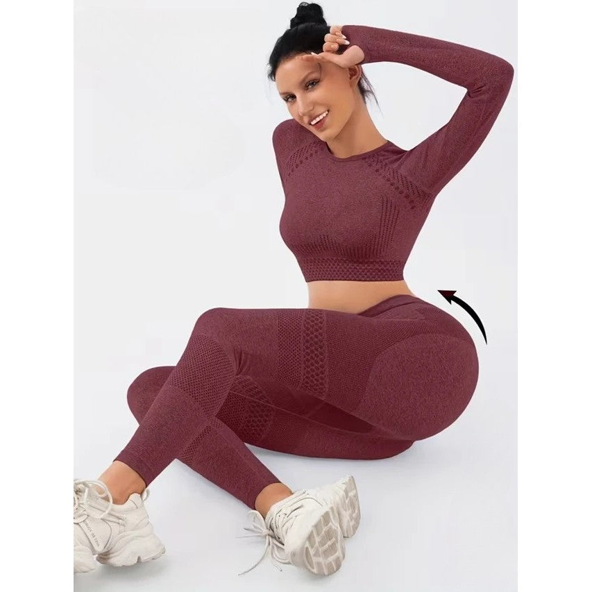 Detaliu material elastic și respirabil costum sport damă Vivimall, nailon spandex, nuanță burgundy