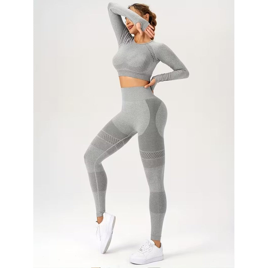 Costum sport gri Vivimall pentru yoga și fitness, vedere laterală, siluetă evidențiată, mărime L