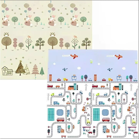 Covoras de Joaca pentru Copii Termic cu 2 Fete, Vivimall, Model Vulpi si Pista de Masini, cu Spuma, Impermeabil, Antiderapant, 200cm x 180cm x 0.8cm - vivimall.ro