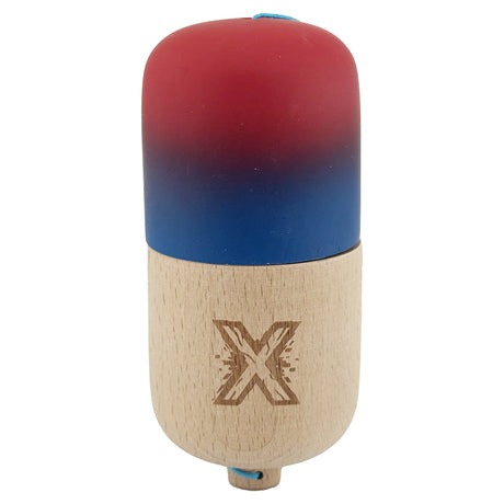 Kendama Pill X Flippy originală, model Rubber Grip din lemn, gradient roșu și albastru, vedere frontală