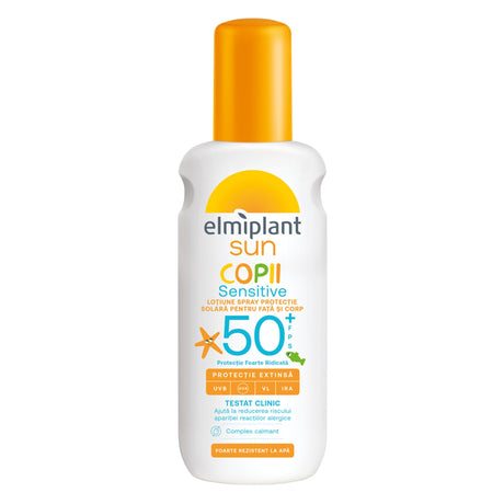 Crema de Soare Pentru Copii, Lotiune Spray Pentru Protectie Solara Pentru Fata si Corp, Elmiplant Sun, Sensitive, SPF 50+, 200 ml - vivimall.ro