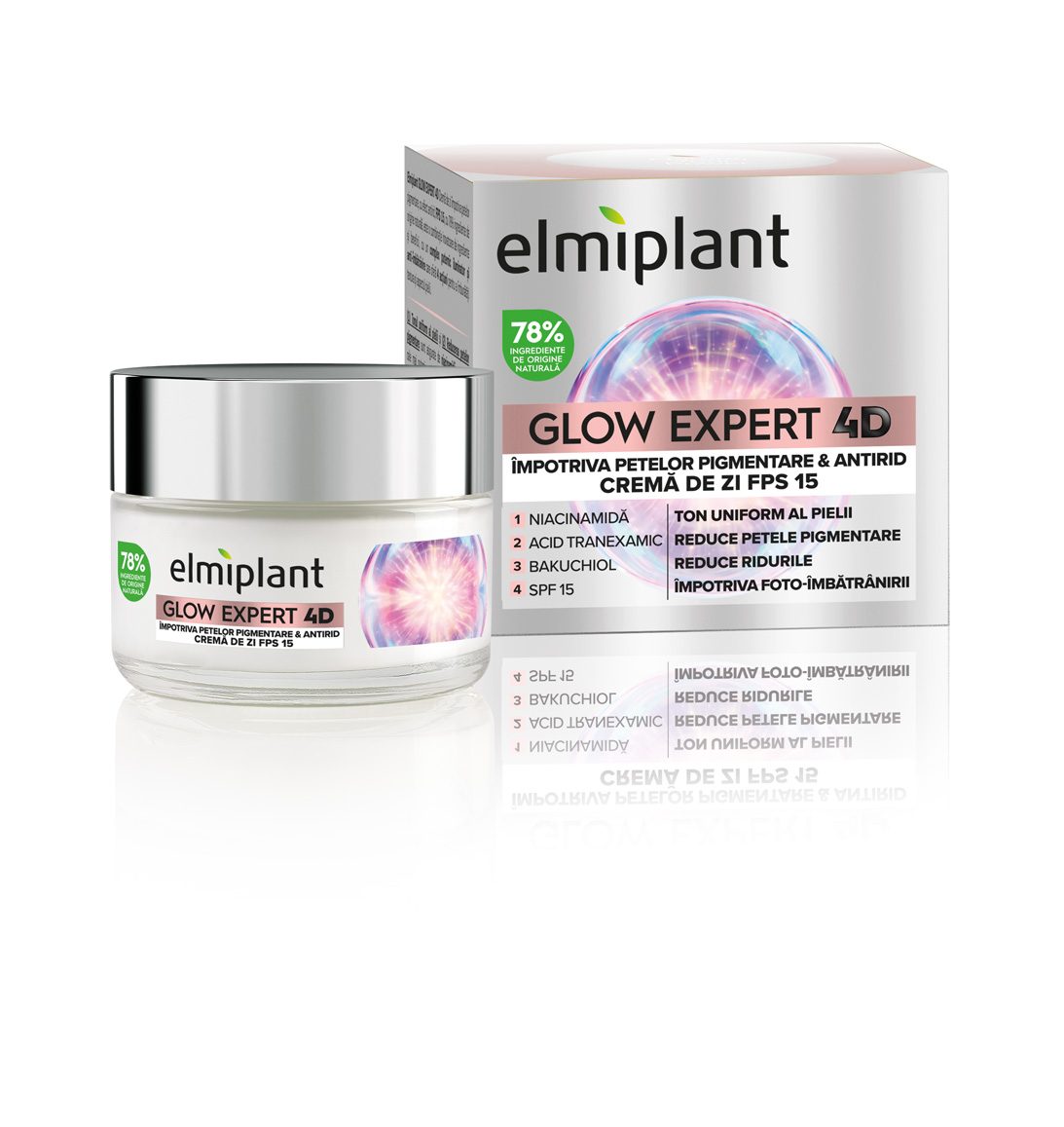 Crema de Zi, Elmiplant, Glow Expert 4D Impotriva Petelor Pigmentare si Antirid, cu Niacinamida si SPF 15, 50 ml - vivimall.ro