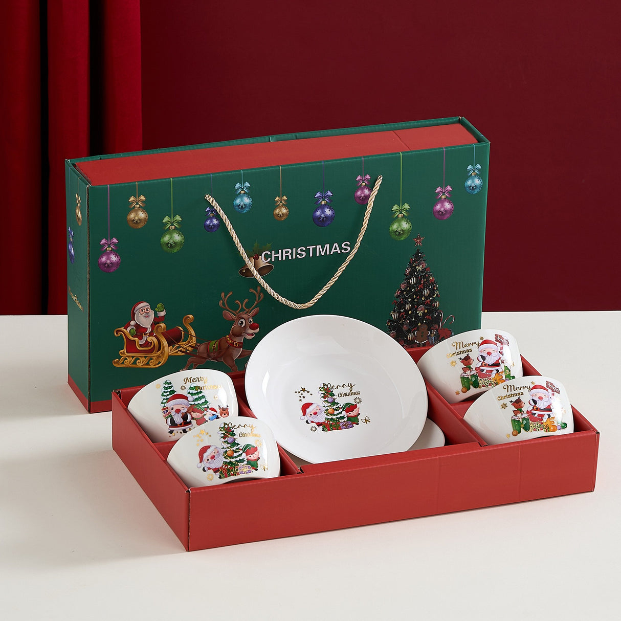 Set Vesela Festiva, Flippy, Tema Craciun, 4 x Boluri 300 ml, 2 x Farfurii 18 x 3.4 cm, din Ceramica, Model 3, Multicolor - vivimall.ro