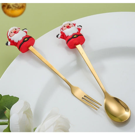 Set 4 Tacamuri, Flippy, Tema Craciun, 2 Linguri + 2 Furculite, cu Figurine, din Otel Inoxidabil, Cutie Cadou, 19 x 15 x 2.2 cm, Auriu - vivimall.ro