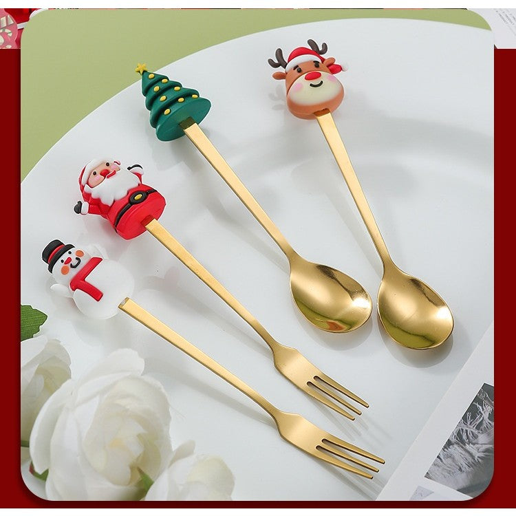 Set 4 Tacamuri, Flippy, Tema Craciun, 2 Linguri + 2 Furculite, cu Figurine, din Otel Inoxidabil, Cutie Cadou, 19 x 15 x 2.2 cm, Auriu - vivimall.ro