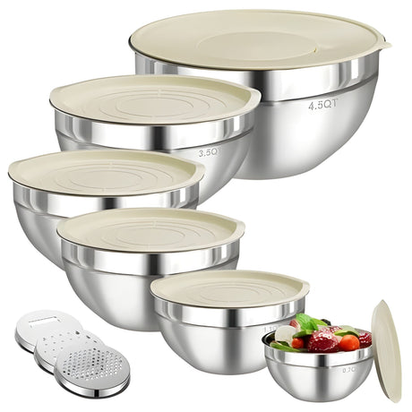 Set 6 Boluri pentru Mixare si Depozitare, Flippy, Inox Premium , Capace Ermetice, 3 Accesorii Razuire si Feliere, Interior Gradat, Design Nestable, Argintiu - vivimall.ro