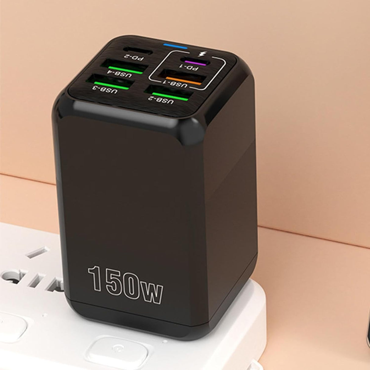 Incarcator Multifunctional, Vivimall®, 6 Porturi (2 x PD Type C + 4 USB), 150 W, 5V, 2.4A, Incarcare Rapida, 4.4 x 4.4 x 11 cm, Negru - vivimall.ro