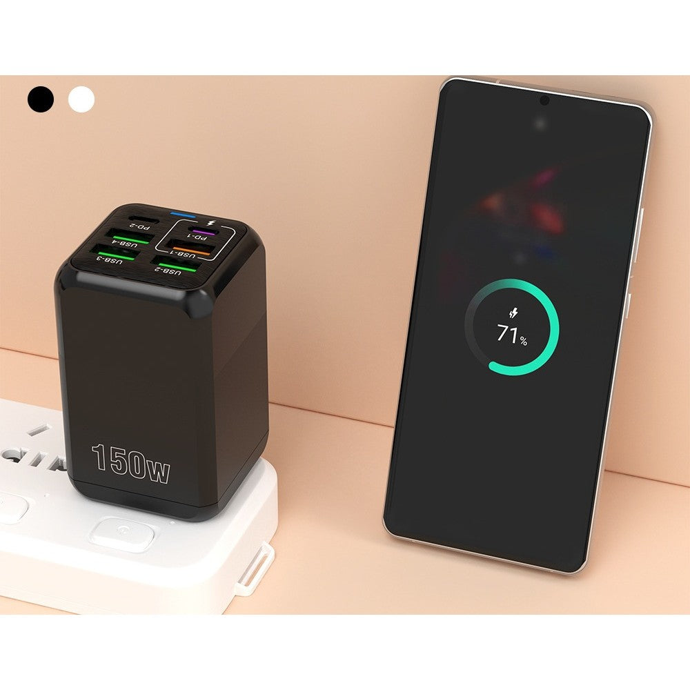 Incarcator Multifunctional, Vivimall®, 6 Porturi (2 x PD Type C + 4 USB), 150 W, 5V, 2.4A, Incarcare Rapida, 4.4 x 4.4 x 11 cm, Negru - vivimall.ro