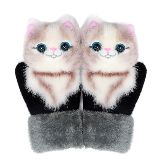 Manusi de Plus pentru Copii, Vivimall, de Iarna, Groase, Moi, Calduroase, Model Animat Pisica Crem - vivimall.ro