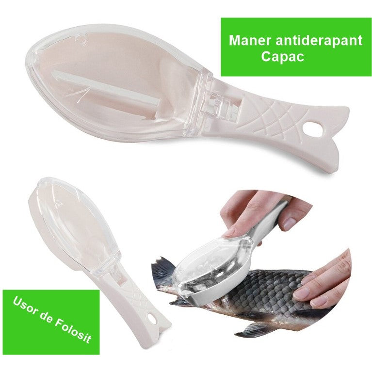 Curatator Manual Solzi de Peste, Vivimall, Forma Peste , Recipient cu Capcac pentru Solzi, Plastic, Roz pal, 16x6 cm - vivimall.ro