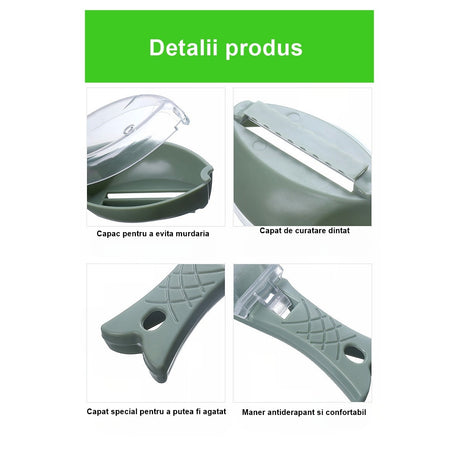 Curatator Manual Solzi de Peste, Vivimall, Forma Peste , Recipient cu Capcac pentru Solzi, Plastic, Verde deschis, 16x6 cm - vivimall.ro