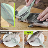 Curatator Manual Solzi de Peste, Vivimall, Forma Peste , Recipient cu Capcac pentru Solzi, Plastic, Verde deschis, 16x6 cm - vivimall.ro