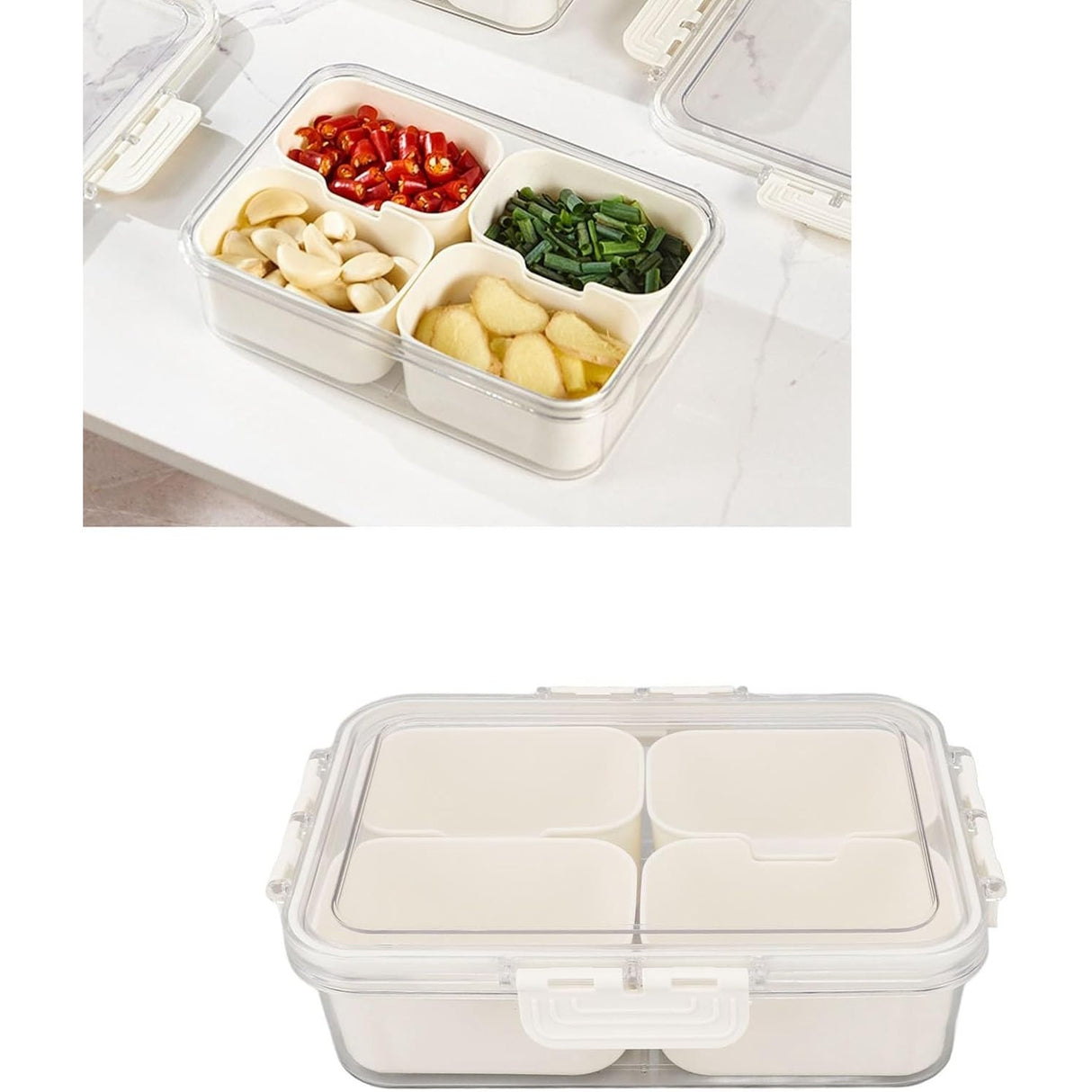 Cutie Alimentara Multifunctionala, Pentru Condimente, Gustari, Inchidere Etans, Cu Capac Si Maner, 4 Compartimente, 25 X 8 X 18 Cm, Alb - vivimall.ro
