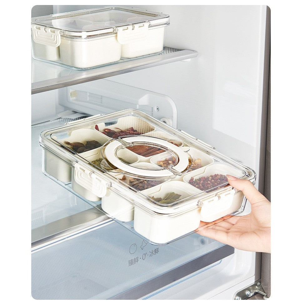 Cutie Alimentara Multifunctionala, Vivimall, pentru Condimente, Gustari,  Inchidere Etans, cu Capac si Maner, 8 Compartimente, 32 x 8 x 25 cm, Alb - vivimall.ro