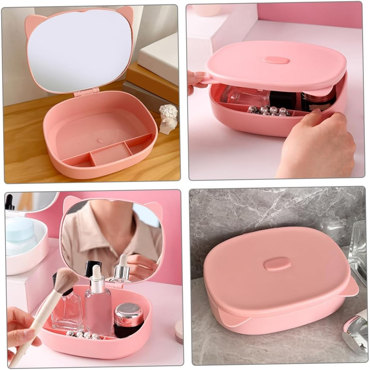 Cutie Organizatoare cu Oglinda, Vivimall, 4 Compartimente, pentru Cosmetice si Accesorii, din ABS, 17x13x6 cm, Roz - vivimall.ro