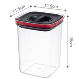 Cutie de Depozitare Alimente, Vivimall, Cutie de tip Container, Recipient pentru Cereale in Bucatarie, 11.5 x 11.5 x 15 cm, volum 1200 ml, Transparenta cu Capac Negru - vivimall.ro