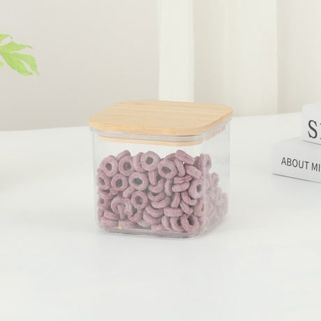 Cutie de Depozitare Alimente, Vivimall, Cutie de tip Container, Cutie pentru Cereale, din Plastic, Capac din Bambuc, 10 x 10 x 8 cm, Volum 0.5 L, Transparenta - vivimall.ro