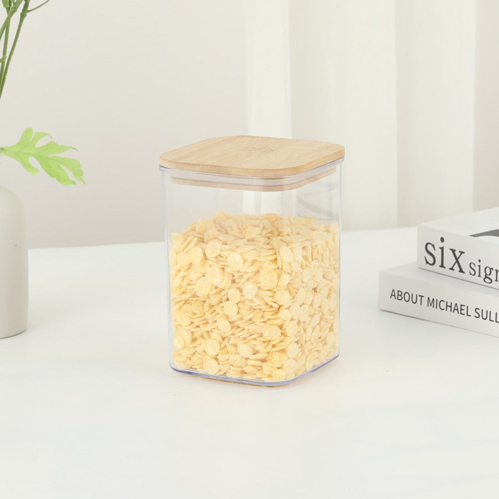 Cutie de Depozitare Alimente, Vivimall, Cutie de tip Container, Cutie pentru Cereale, din Plastic, Capac din Bambuc, 10 x 10 x 14 cm, Volum 0.8 L, Transparent - vivimall.ro
