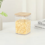 Cutie de Depozitare Alimente, Vivimall, Cutie de tip Container, Cutie pentru Cereale, din Plastic, Capac din Bambuc, 10 x 10 x 14 cm, Volum 0.8 L, Transparent - vivimall.ro