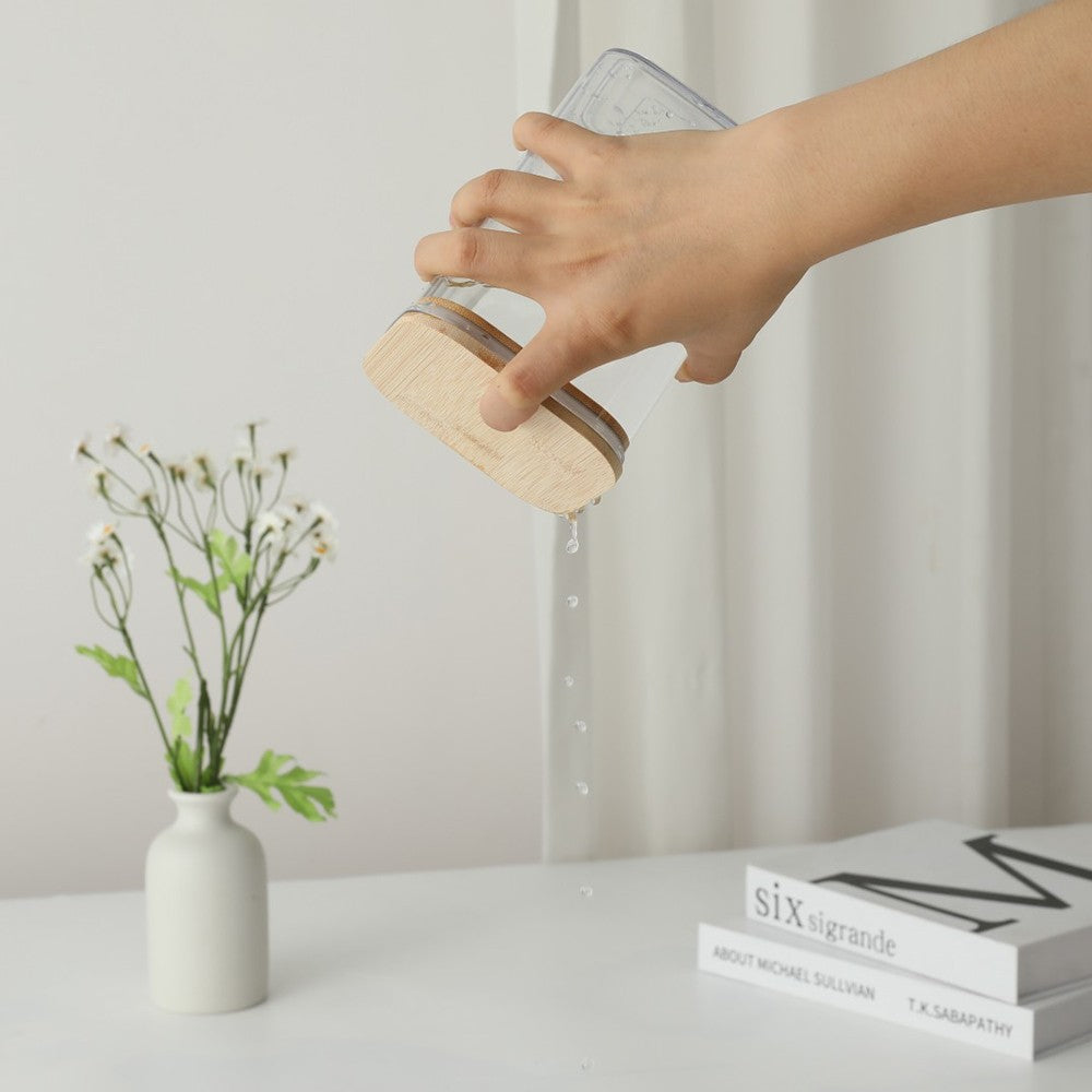 Cutie de Depozitare Alimente, Vivimall, Cutie de tip Container, Cutie pentru Cereale, din Plastic, Capac din Bambuc, 10 x 10 x 14 cm, Volum 0.8 L, Transparent - vivimall.ro