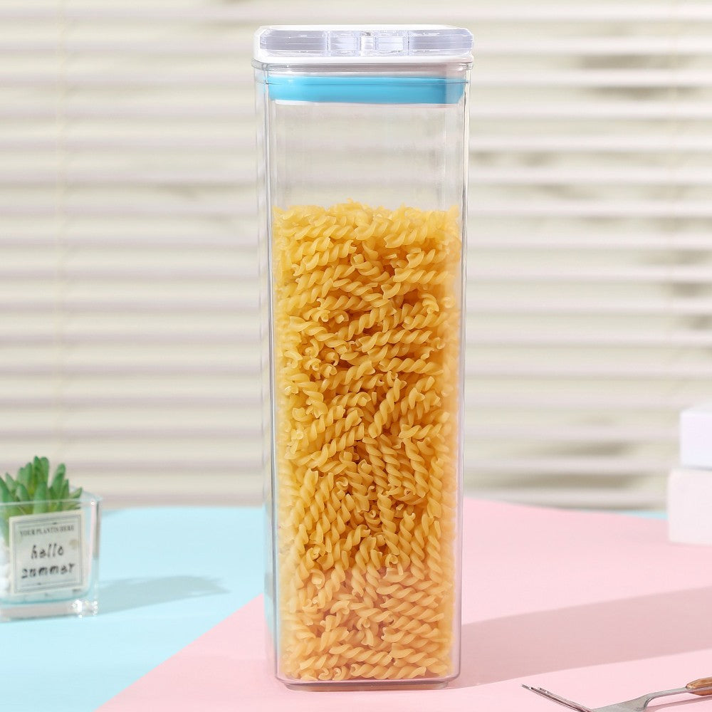 Cutie de Depozitare Alimente, Vivimall, tip Container, 1.9L, 10x10x30.5 cm, Recipiente pentru Cereale in Bucatarie,  Transparente cu Capac Alb-Albastru - vivimall.ro