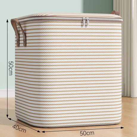 Cutie de Depozitare cu Fermoar, Flippy, Pliabila, Maner Ranforsat, Fermoar Rezistent, pentru Haine, Paturi, Plapume, Perne, Lenjerii de Pat, Jucarii, 50x40x50 cm, 100 Litri, in Dungi, Bej