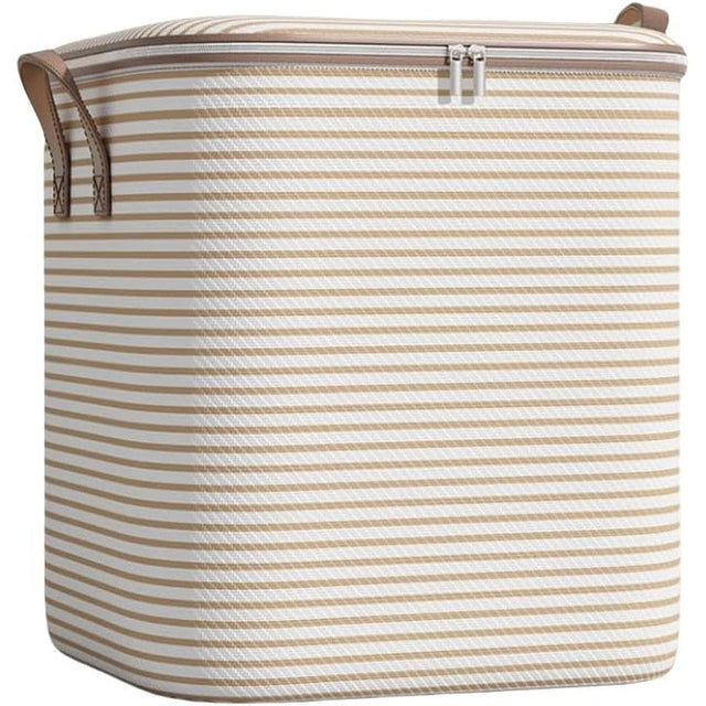 Cutie de Depozitare cu Fermoar, Vivimall, Pliabila, Maner Ranforsat, Fermoar Rezistent, pentru Haine, Paturi, Plapume, Perne, Lenjerii de Pat, Jucarii, 50x50x70 cm, 180 Litri, in Dungi, Bej - vivimall.ro