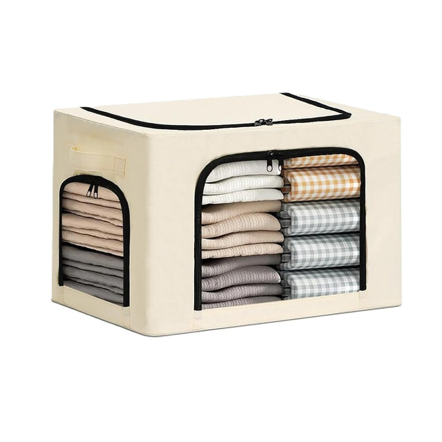 Cutie de Depozitare, Vivimall, cu 3 Ferestre cu Fermoar Bidirectional, Cadru din Otel, Impermeabil, 38L, 42 x 30 x 30 cm, Bej - vivimall.ro