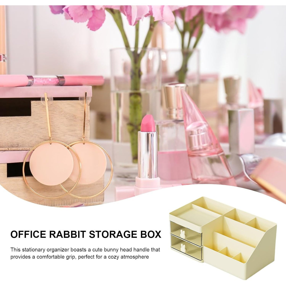 Cutie de Depozitare pentru Birou, Vivimall, Pentru Makeup, Papetarie, Organizator Cosmetice, 2 Sertare si Compartimente Multiple, Model Iepuras, Plastic, 27.5x15.5x12 cm, Crem - vivimall.ro