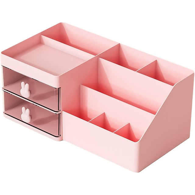 Cutie de Depozitare pentru Birou, Vivimall, Pentru Makeup, Papetarie, Organizator Cosmetice, 2 Sertare si Compartimente Multiple, Model Iepuras, Plastic, 27.5x15.5x12 cm, Roz - vivimall.ro