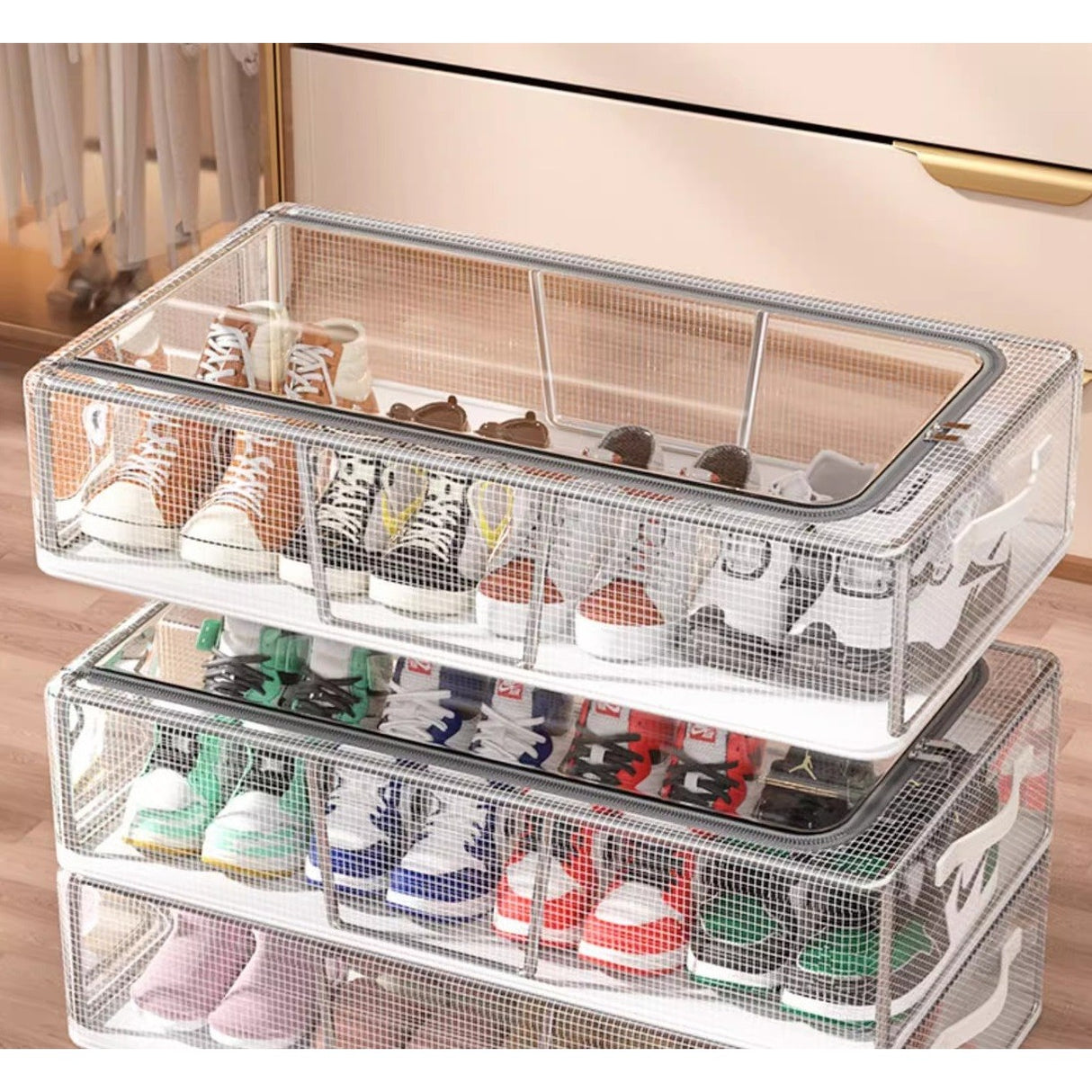 Cutie de Depozitare pentru Pantofi, Vivimall, 60*30*21CM , din Plasa PVC Impermeabila si Cadru de Otel, Pliabila, Fermoar Bidirectional, Transparenta - vivimall.ro