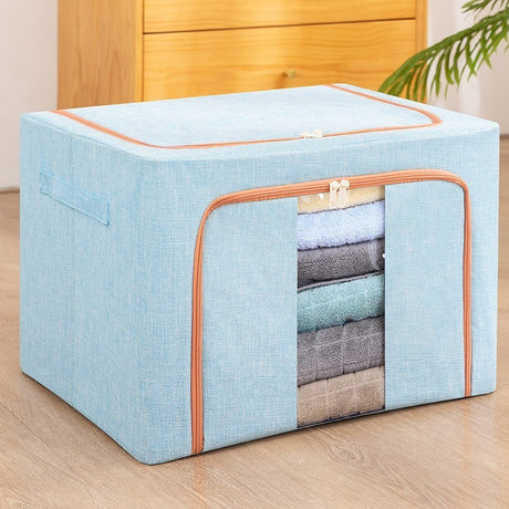 Cutie De Depozitare Pliabila, 100 L, Din Bumbac Si In, 2 Ferestre, Frontala Si Laterala, 2 Usi De Acces Cu Fermoar Bidirectional, Cadru Metalic, Suport Baza Stabil Din Plastic, Bleu - vivimall.ro