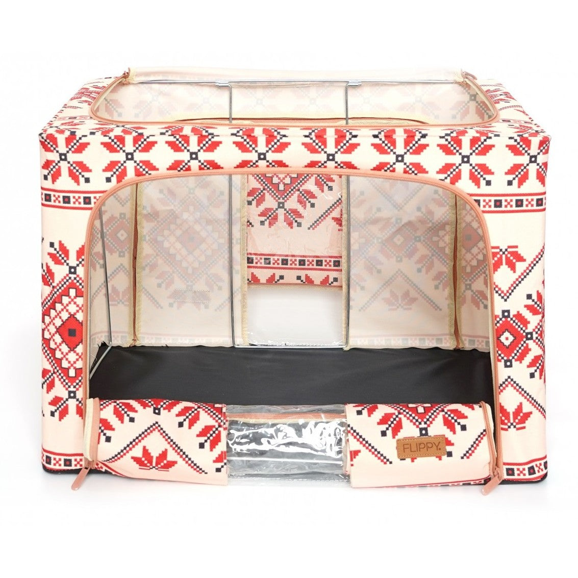 Cutie De Depozitare Pliabila,100 L Din Bumbac Si In, Fereastra Frontala, 2 Usi De Acces Cu Fermoar Bidirectional, Cadru Metalic, Suport Baza Stabil Din Plastic, Motiv Traditional - vivimall.ro